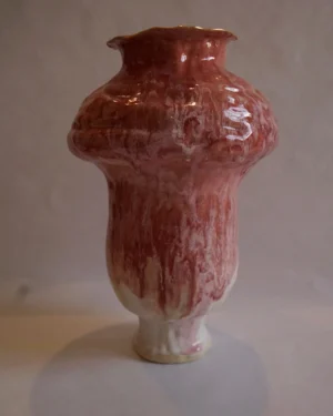 "tender Memory" Sculptural Pink-red Ceramic Vase With Gold Luster