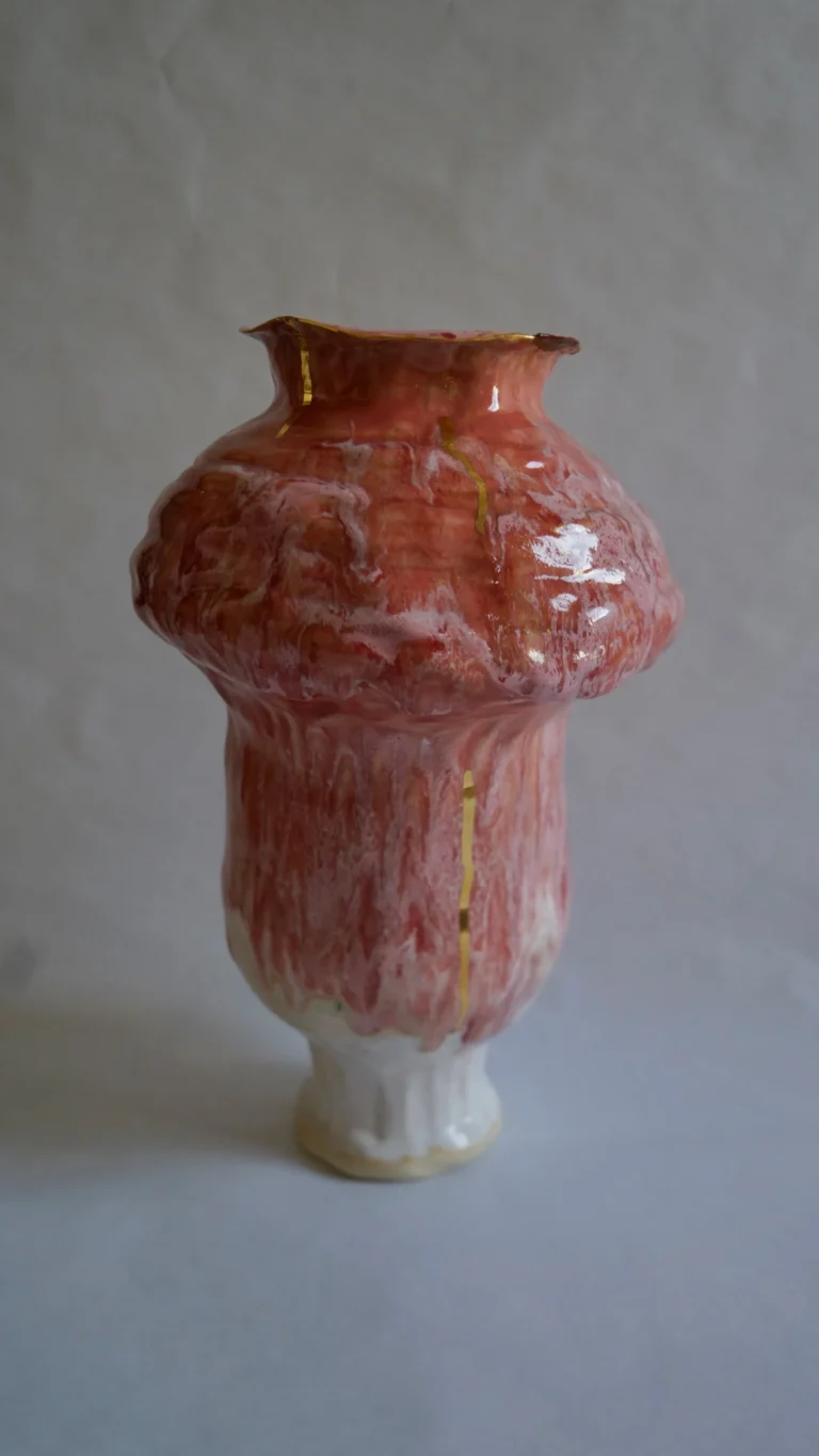 "tender Memory" Sculptural Pink-red Ceramic Vase With Gold Luster — 2