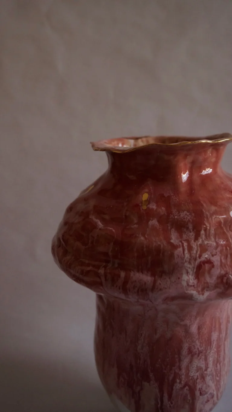 "tender Memory" Sculptural Pink-red Ceramic Vase With Gold Luster — 5