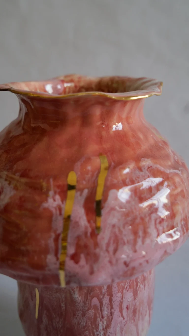 "tender Memory" Sculptural Pink-red Ceramic Vase With Gold Luster — 6