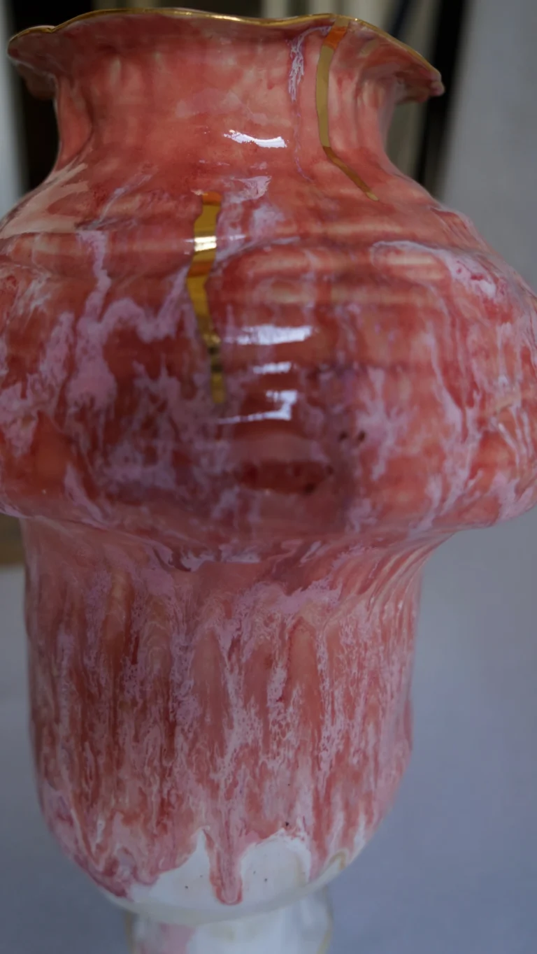 "tender Memory" Sculptural Pink-red Ceramic Vase With Gold Luster — 7