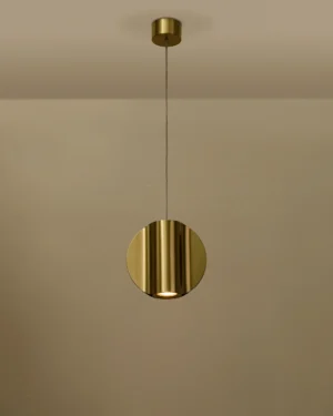 Pétale Pendant Lamp in satin-brushed gold brass hanging from the ceiling, front view.