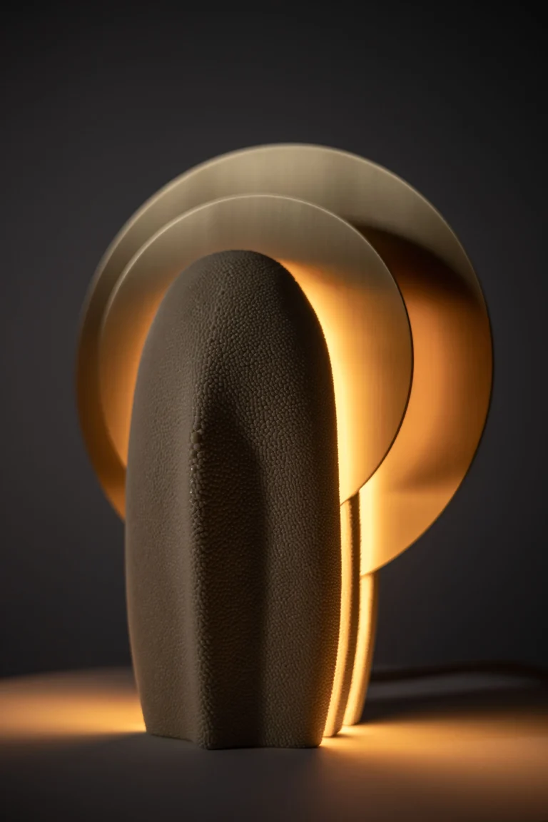 Mother of the Light Table Lamp by PALUCKI Studio, textured galuchat body lit with a warm glow behind brass discs, dark background
