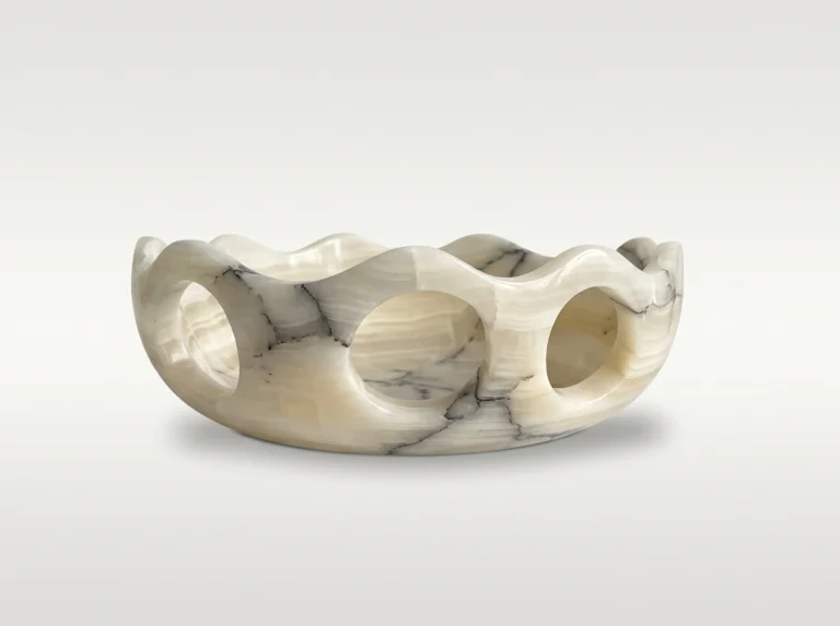 Lava Sun Bowl by Studio Ayres in white onyx with fine dark grey veining, scalloped rim and round openings