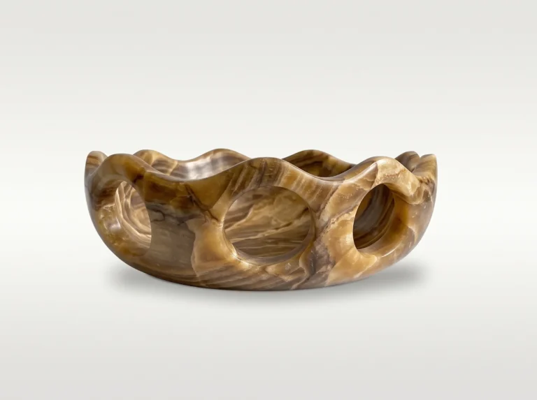 Lava Sun Bowl by Studio Ayres in honey brown onyx with swirling cream and dark veins, wavy rim and cutouts