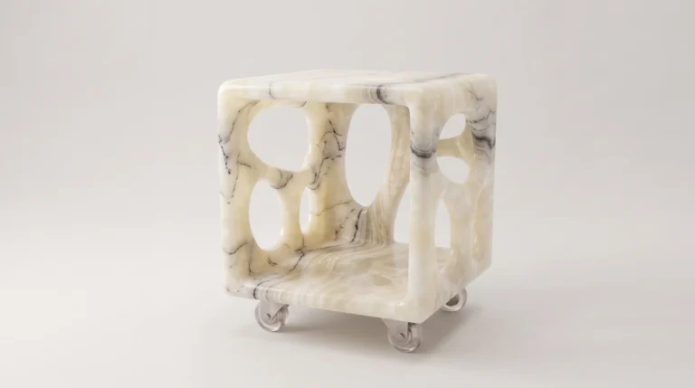 Diablito Cart Side Table by Studio Ayres in ivory onyx with fine dark veining, an openwork cube on clear wheels