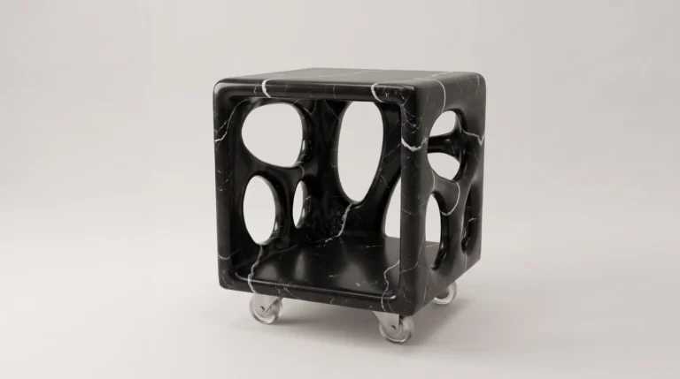 Diablito Cart Side Table by Studio Ayres in black marble with white veins, an openwork cube on clear casters
