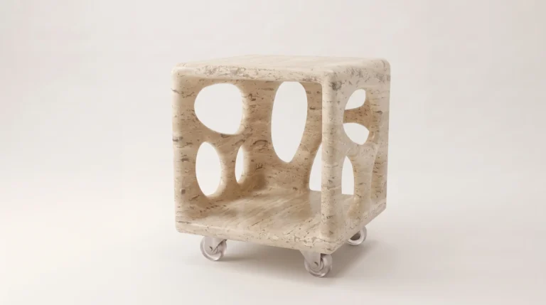 Diablito Cart Side Table by Studio Ayres in sand-coloured travertine, a pitted stone cube with oval openings on clear wheels