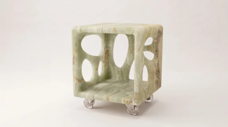 Diablito Cart Side Table by Studio Ayres in pale green veined onyx, a cube with oval openings on clear casters