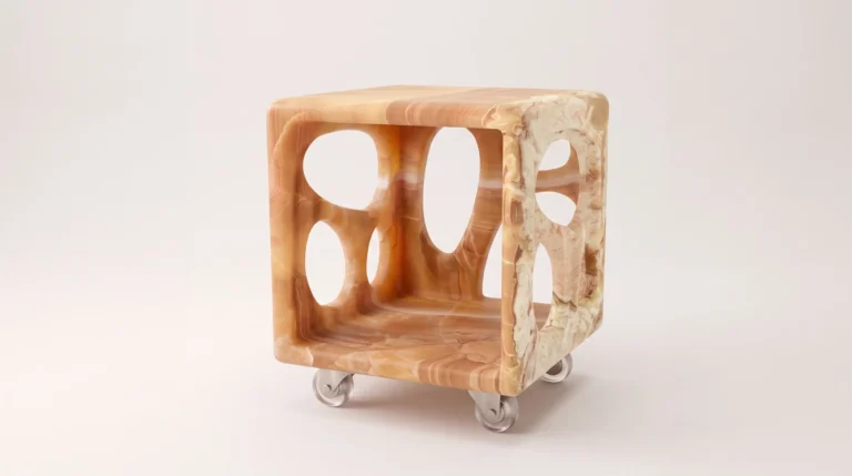 Diablito Cart Side Table by Studio Ayres, orange and cream onyx cube with oval openings on clear casters, plain background