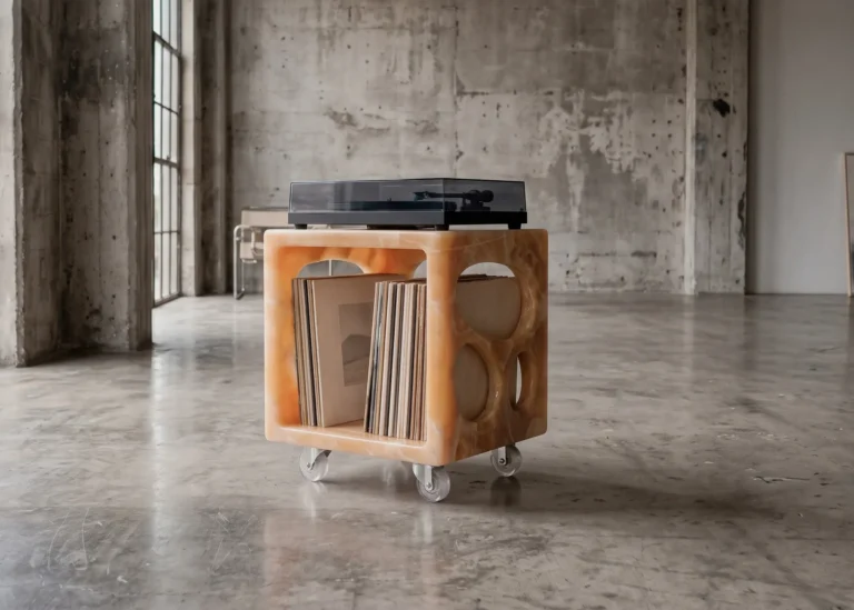 Diablito Cart Side Table by Studio Ayres in a concrete loft, orange onyx holding vinyl records beneath a turntable