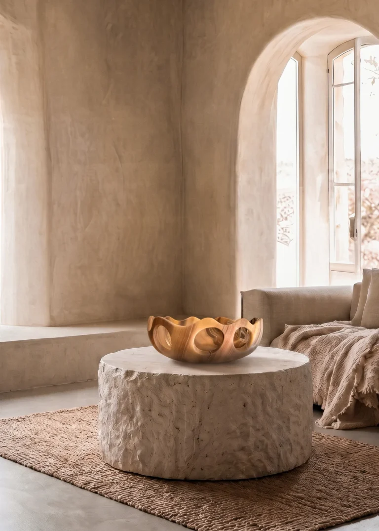 Lava Sun Bowl by Studio Ayres in a living room, on a round stone table beside a sofa and arched window