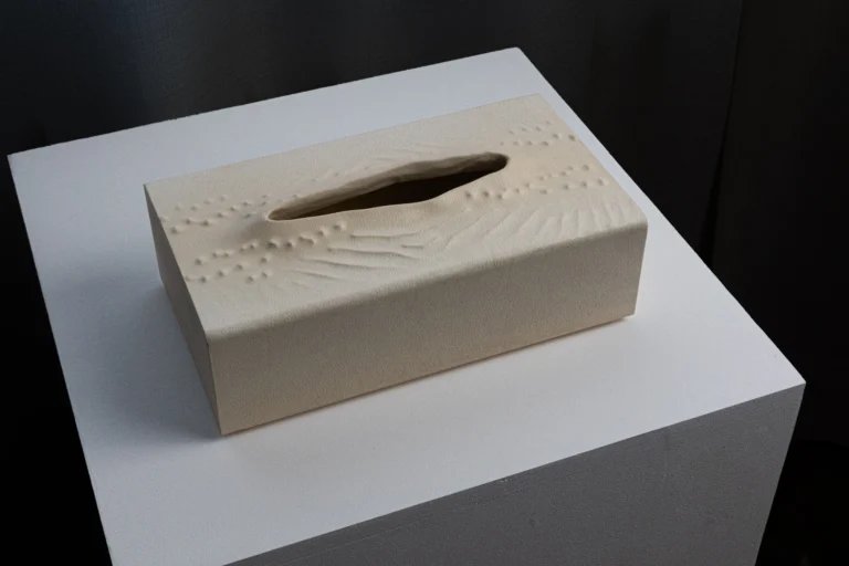 In Case Of Tears by PALUCKI Studio seen from above, the empty oval opening and carved relief on the parchment lid