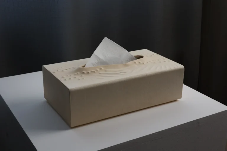 In Case Of Tears by PALUCKI Studio, cream parchment tissue box with a tissue, on a white plinth in front of dark curtains
