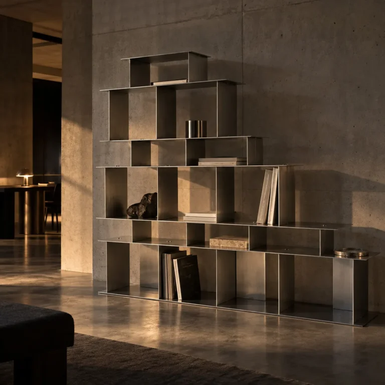 Open Grid Shelves by 301 Design Studio in a concrete-walled living space, with books and objects in warm light