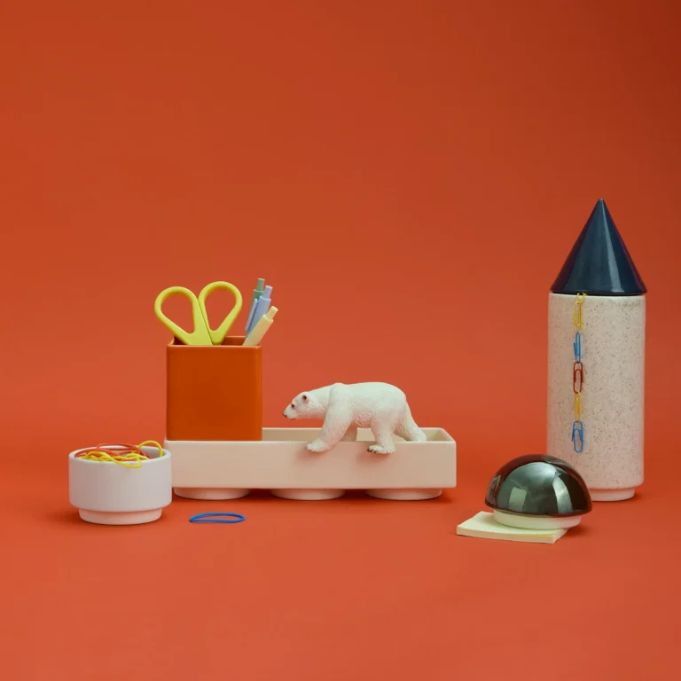 Knstrkt Set Of 6 by Studio Berg used as desk storage, holding scissors and pens, with a toy polar bear on the tray
