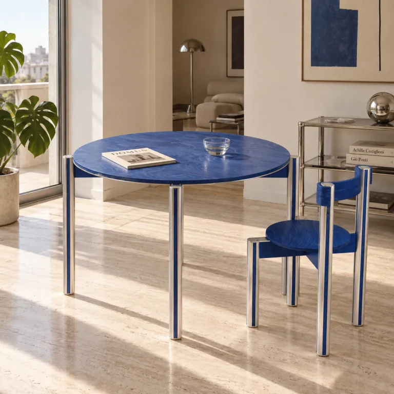 Sigma 01 Dining Table in Aluminum and Birch Plywood by 301 Design Studio in a sunlit living room, a magazine and glass bowl on top