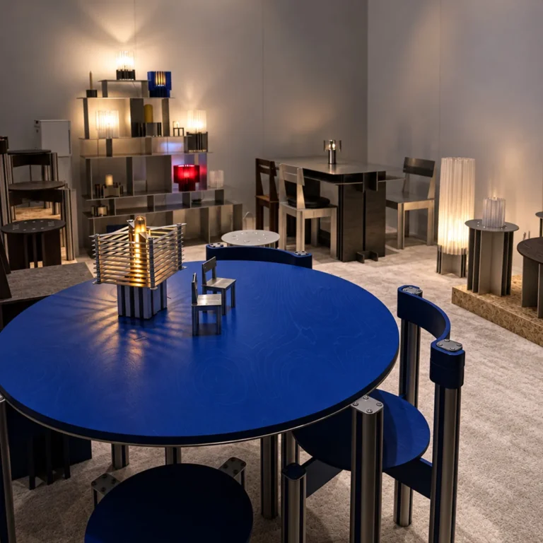 Sigma 01 Dining Table in Aluminum and Birch Plywood by 301 Design Studio in an exhibition space, a lit lamp on the blue top