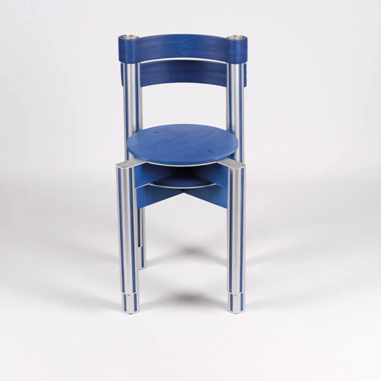 Sigma Chair by 301 Design Studio, front view of a blue chair with a second blue seat stacked beneath the first