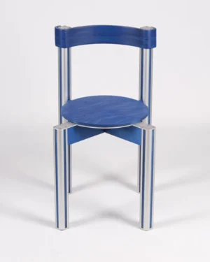 Sigma Chair by 301 Design Studio, blue stained birch seat and backrest on aluminum legs, front view on a plain background