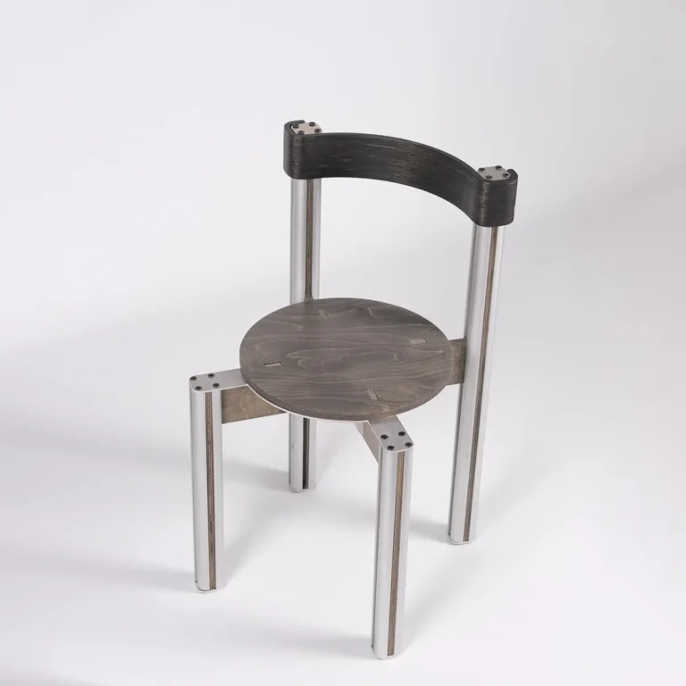 Sigma Chair by 301 Design Studio seen from above, grey birch round seat, dark backrest and bolted aluminum legs