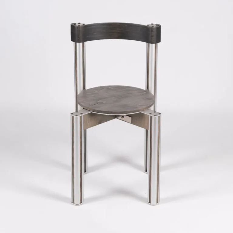 Sigma Chair by 301 Design Studio, grey stained birch and polished aluminum dining chair, front view on a plain background