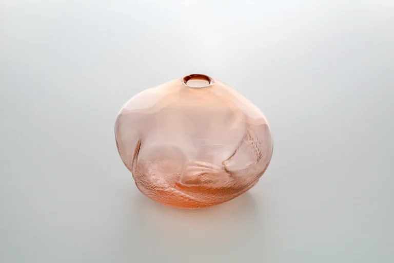 1 2 Ltr Forms Aurora Yellowish Handmade Glass Object by Vogel Studio, front view of the textured pink glass vase
