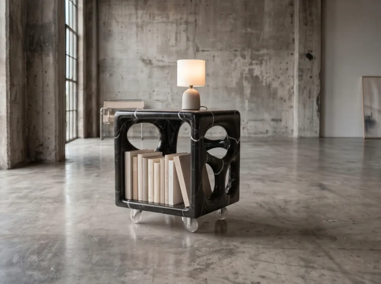 Diablito Cart Side Table by Studio Ayres in a concrete loft, black marble holding books beneath a small table lamp