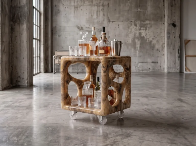 Diablito Cart Side Table by Studio Ayres in a concrete loft, brown onyx used as a bar cart with decanters and glasses