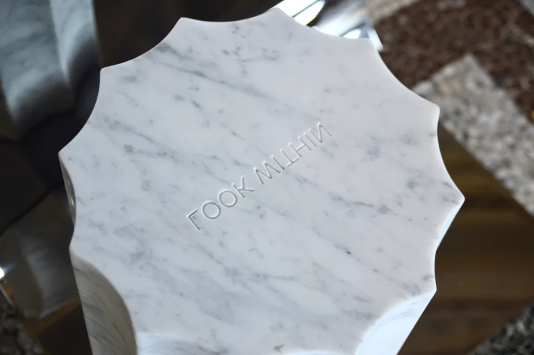 Meditations - Full-Length Mirror by STUDIO VON SCHOENEBECK seen from above, white veined marble top with mirrored LOOK WITHIN