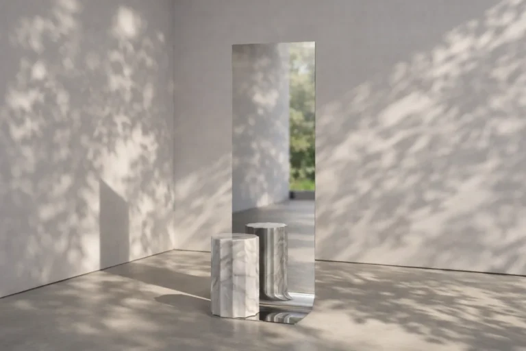 Meditations - Full-Length Mirror by STUDIO VON SCHOENEBECK in a bright room with dappled shadows, reflecting a second marble column