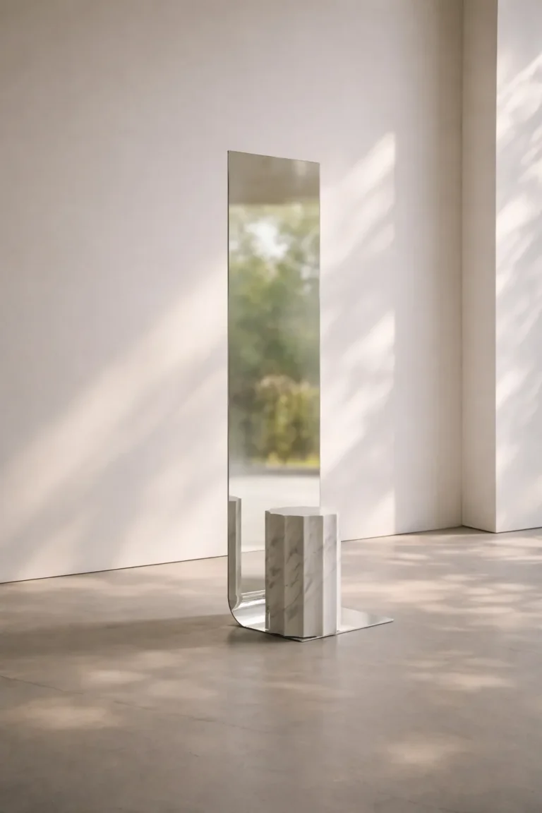 Meditations - Full-Length Mirror by STUDIO VON SCHOENEBECK, steel mirror with a fluted marble column, in a sunlit empty room