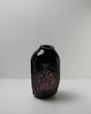 Sand Series Black Handmade Glass Object by Vogel Studio, dark glass vase with textured surface, on a plain background
