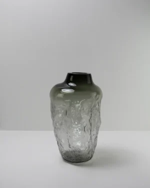 Sand Series Tourmaline Handmade Glass Object by Vogel Studio, smoky grey-green textured glass vase, on a plain background