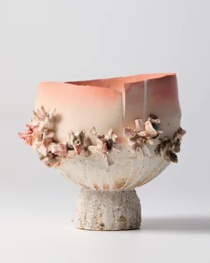 New_love_07 Ceramic Vase by C E R A M I C 4 7, coral and white stoneware vase with clay flowers, on a plain background