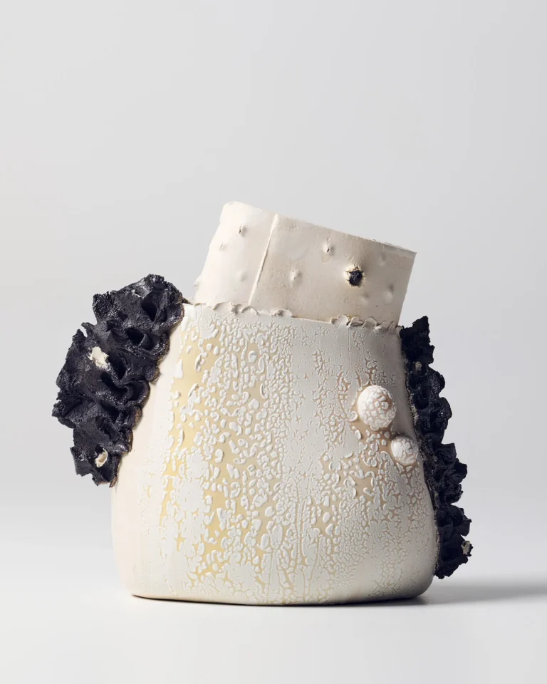 New_love_01 Ceramic Vase by C E R A M I C 4 7 seen from the side, tilted neck, two small white knobs and black ruffles