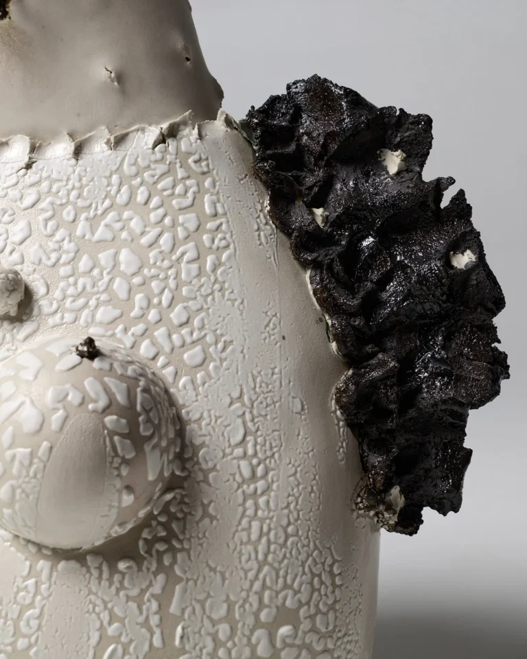Close-up of the New_love_01 vase's cracked white glaze, round knob and black ruffled shoulder